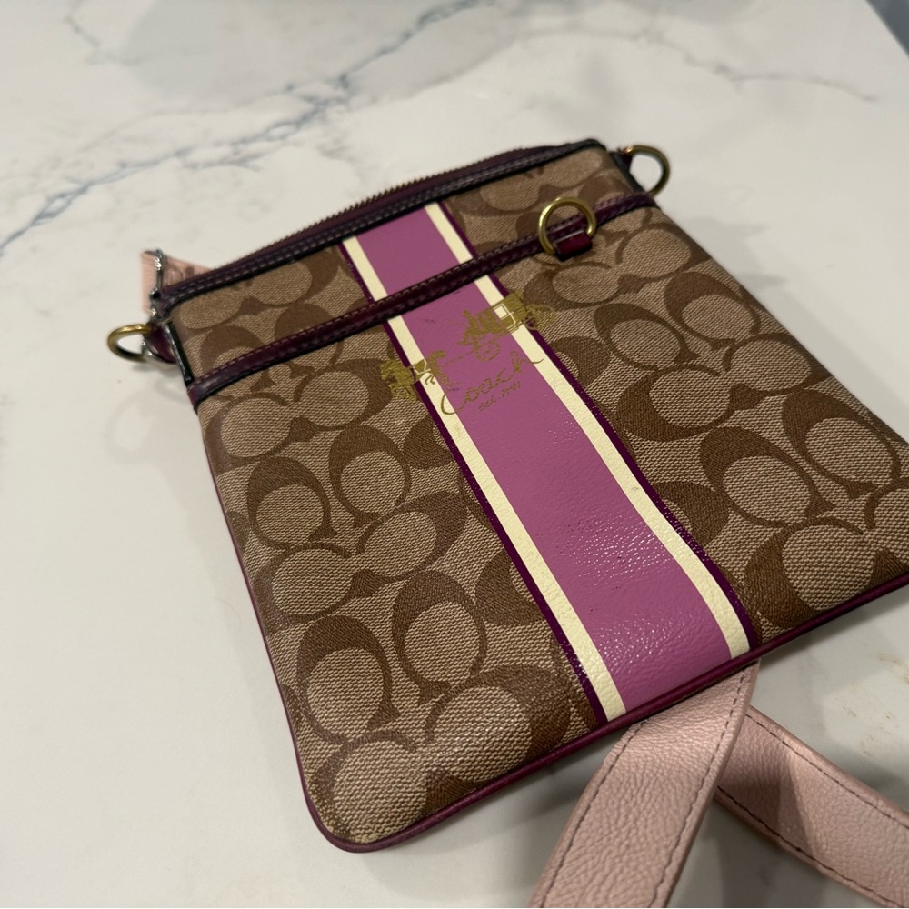 Coach Signature Brown and Pink Stripe Crossbody Bag